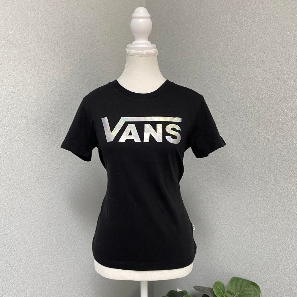 VANS BLACK GRAPHIC TEE SHORT SLEEVE SHIRT HOLOGRAPHIC SHINY SPELL OUT LOGO